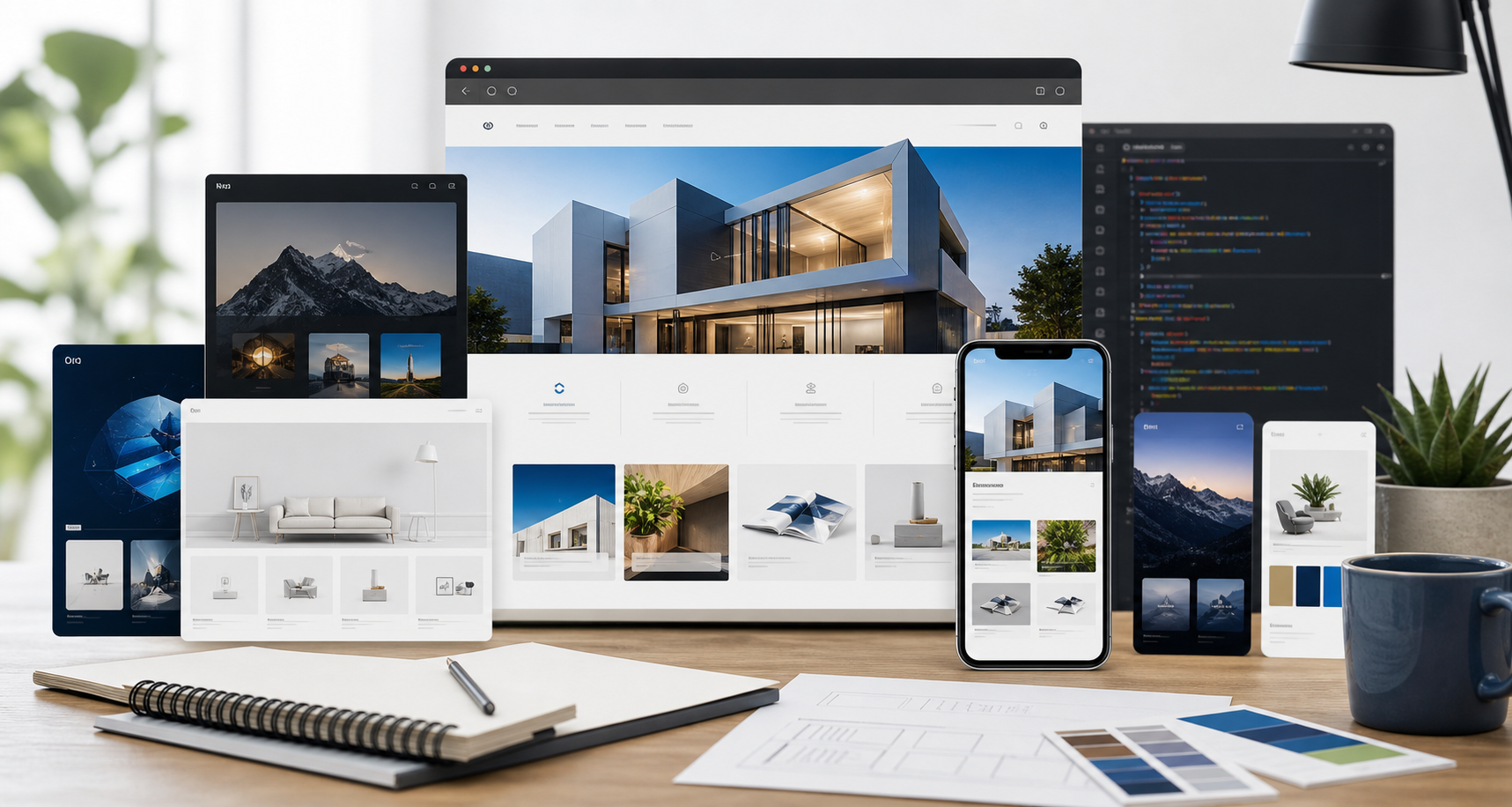Website theme previews on desktop and mobile screens