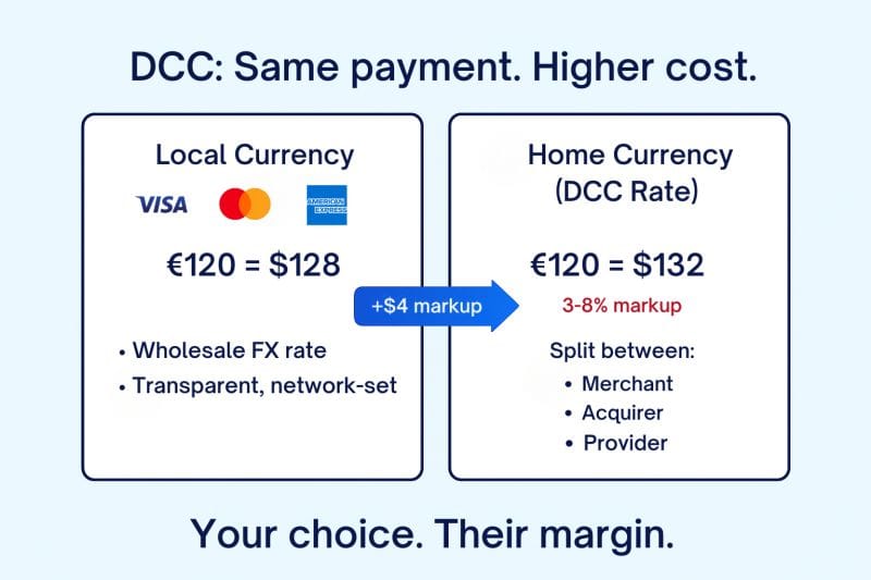Visa guidance listing the exchange rate, both currency amounts, and additional markup required for Dynamic Currency Conversion.