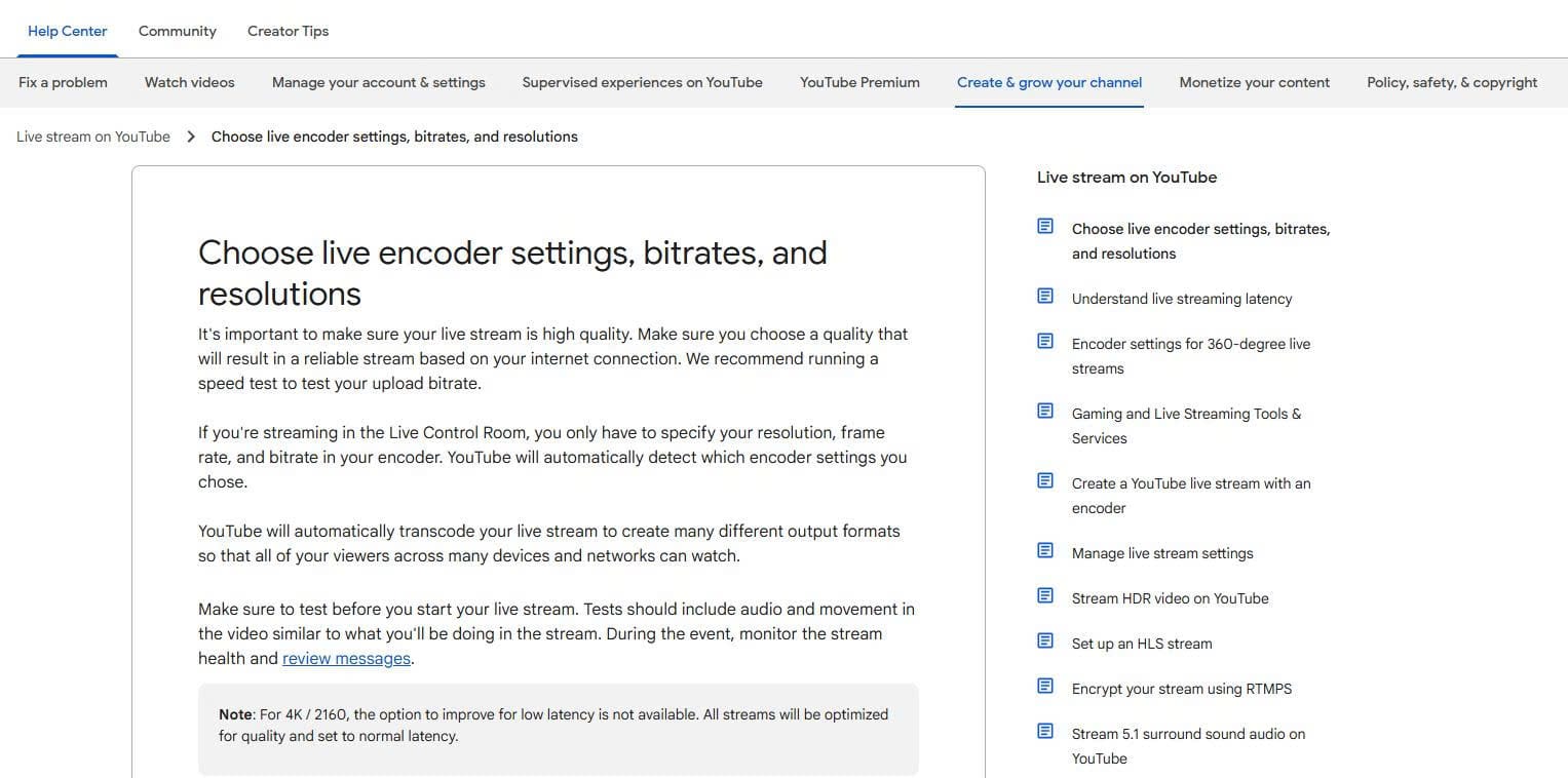YouTube live streaming encoder settings documentation showing recommended bitrates and resolutions.
