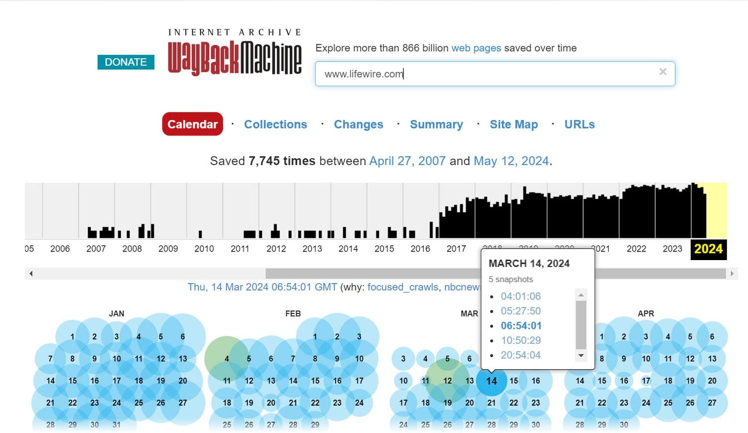 Wayback Machine calendar showing archived snapshots of a television program page that was removed or relocated after the broadcaster reorganized its website.