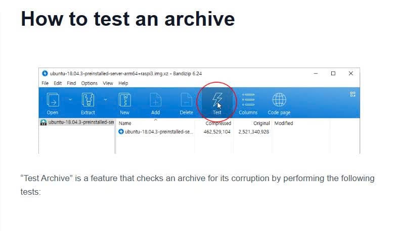 Bandizip Test Archive feature checking a downloaded compressed file for corrupted or incomplete data before extraction.