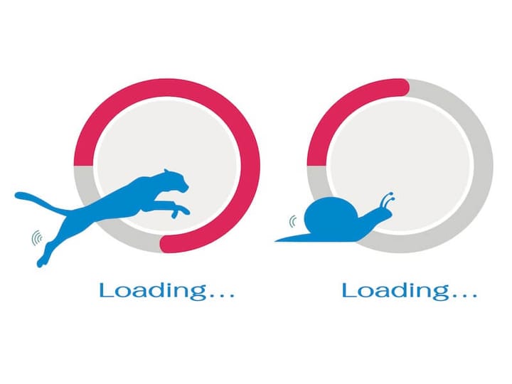 Conceptual illustration comparing fast and slow network loading speeds using a fast cheetah and a slow snail metaphor.
