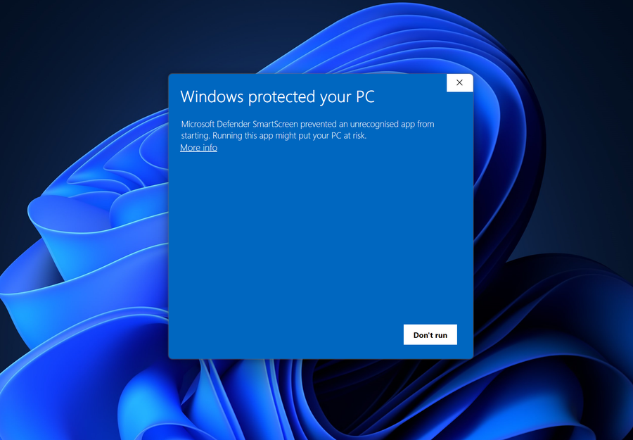 Microsoft Defender SmartScreen warning on Windows 11 blocking an unrecognized downloaded application from running.