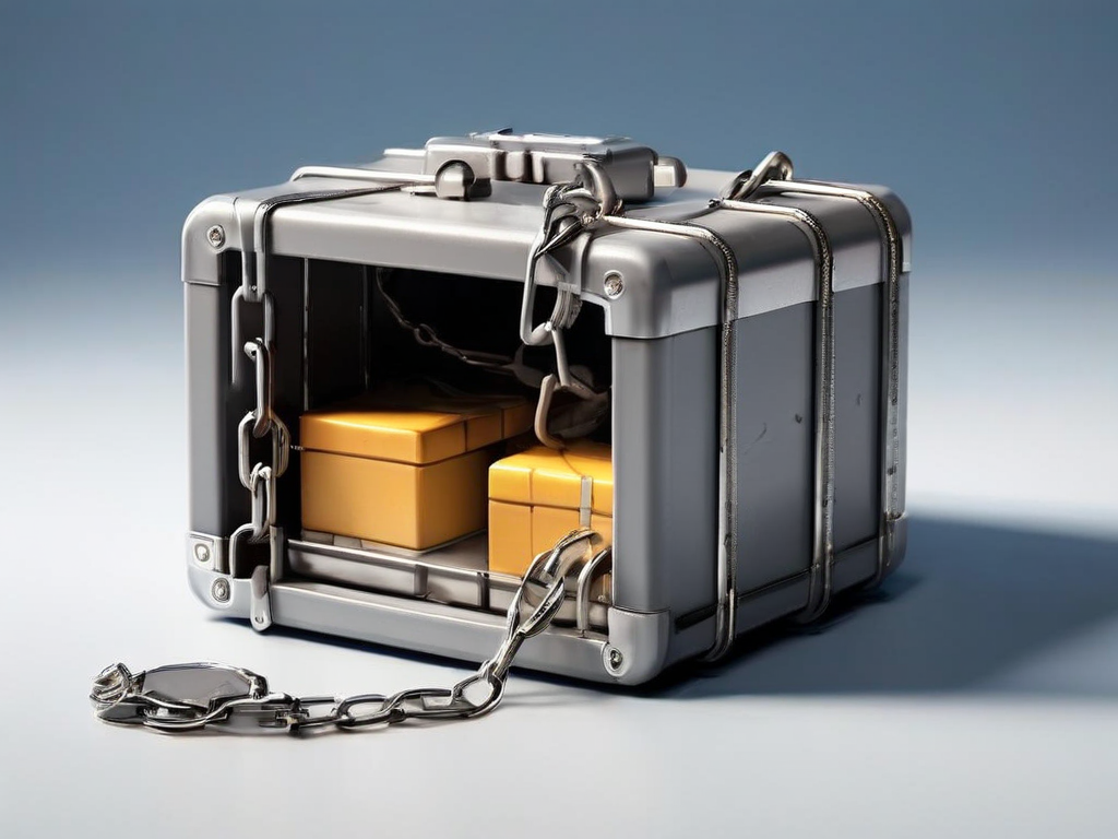 A sealed gray storage case with a short metal chain beside small blank blocks on a matte studio surface under soft side light.