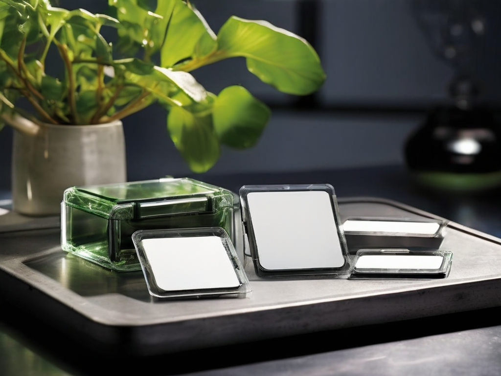 Three blank memory cards of different sizes arranged on a clear acrylic tray, photographed on a stone counter with soft studio.