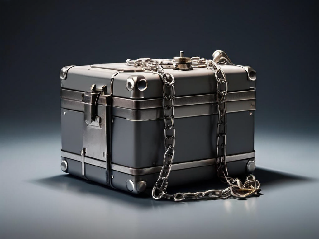 A sealed metal storage case with a short chain sits on a matte gray surface, surrounded by small blank blocks, under soft side.